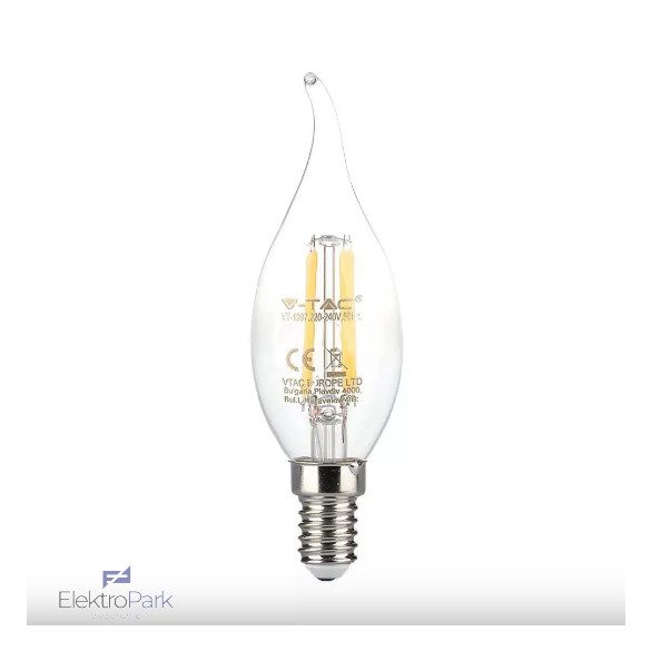 V-TAC 4W E14 meleg fehér filament C35 LED gyertyaláng égő - SKU 214302